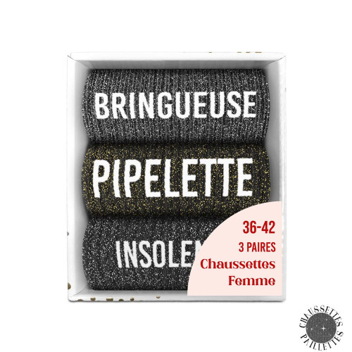 lot 3 paires de chaussettes paillettes bringueuse pipelette insolente mycrazystuff.com